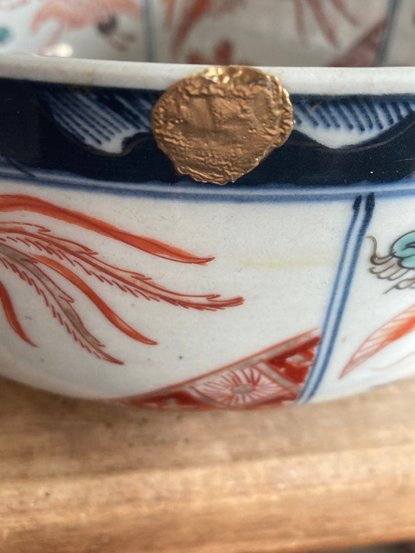 古伊万里の赤絵 鉢 直径約22cm 幕末 骨董品 龍、鳳凰 鶴等