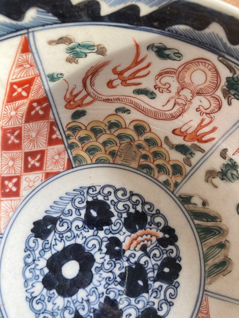 古伊万里の赤絵 鉢 直径約22cm 幕末 骨董品 龍、鳳凰 鶴等