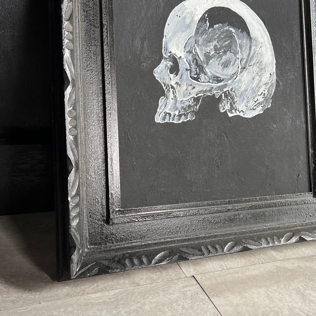 スカルの絵画（白黒）　アート　絵画　ドクロ