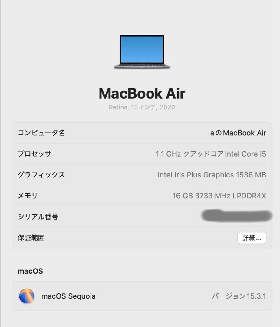 MacBook Air 13インチ 2020 16GB/256GB