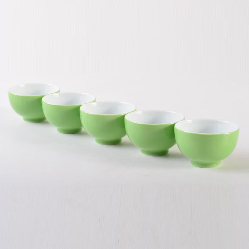 煎茶道具　賣茶流　黄緑釉　祝壽茶碗　五客　共布共箱　V　7978