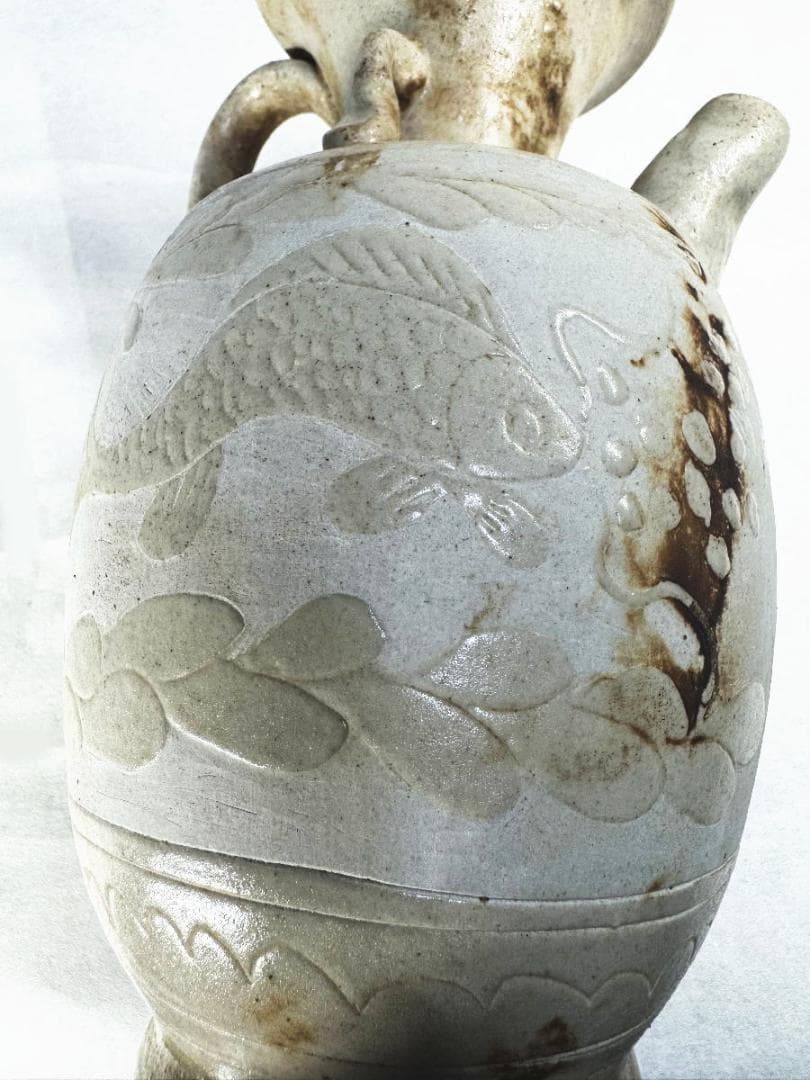 宋時代 磁州窯 刻花魚藻文執壷 水注 中国古玩 唐物歴史有る年代物WWTT257