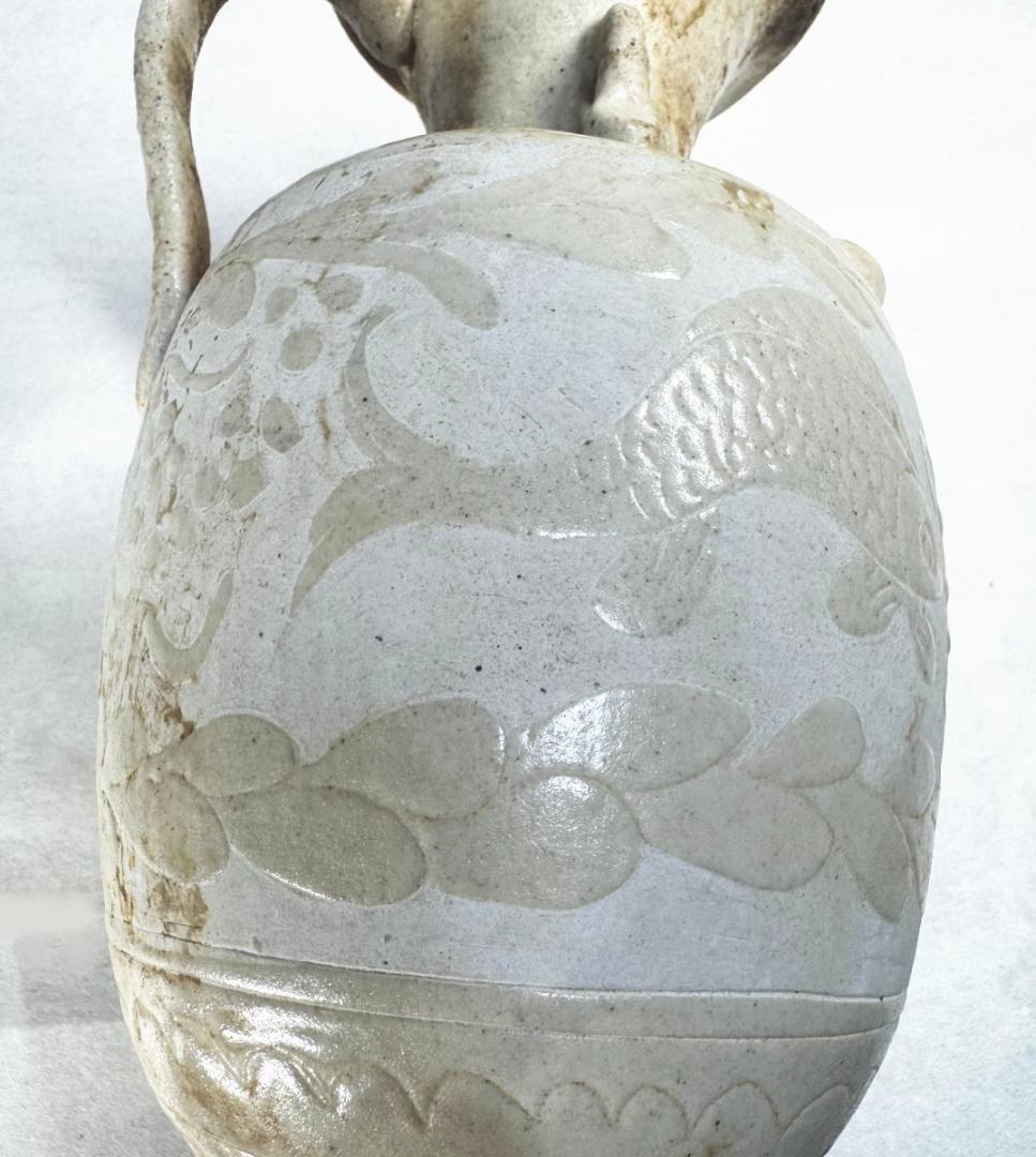 宋時代 磁州窯 刻花魚藻文執壷 水注 中国古玩 唐物歴史有る年代物WWTT257