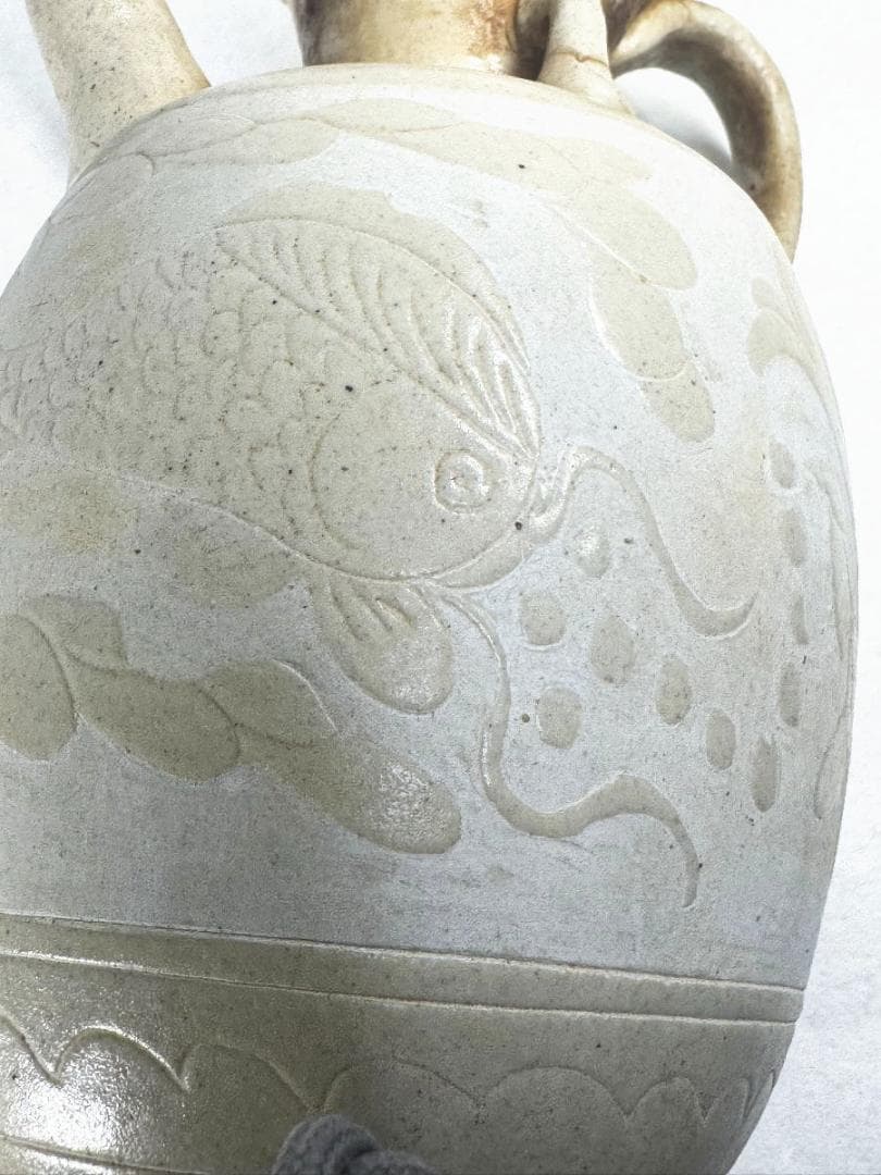 宋時代 磁州窯 刻花魚藻文執壷 水注 中国古玩 唐物歴史有る年代物WWTT257