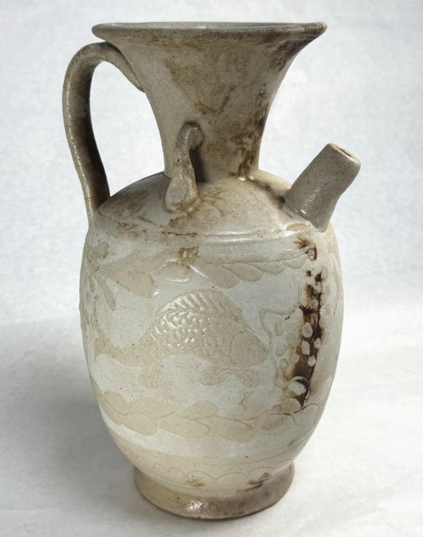 宋時代 磁州窯 刻花魚藻文執壷 水注 中国古玩 唐物歴史有る年代物WWTT257