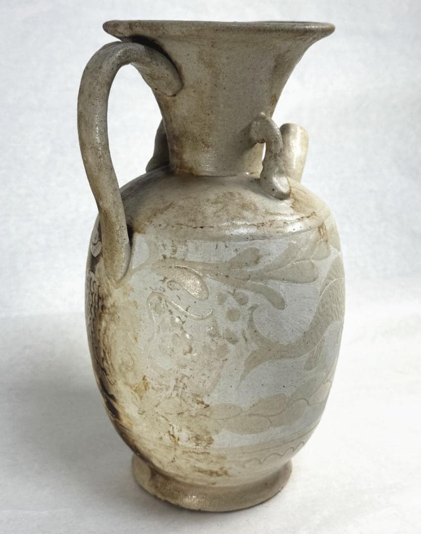 宋時代 磁州窯 刻花魚藻文執壷 水注 中国古玩 唐物歴史有る年代物WWTT257