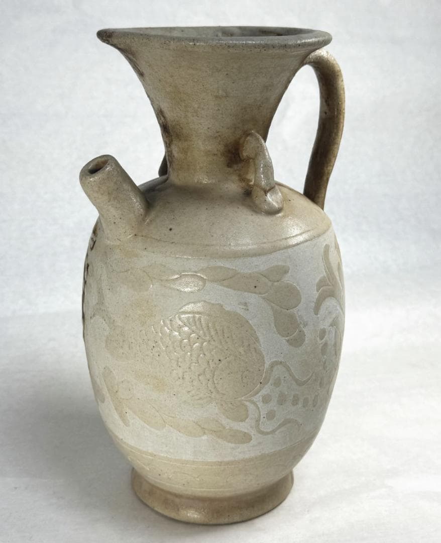 宋時代 磁州窯 刻花魚藻文執壷 水注 中国古玩 唐物歴史有る年代物WWTT257