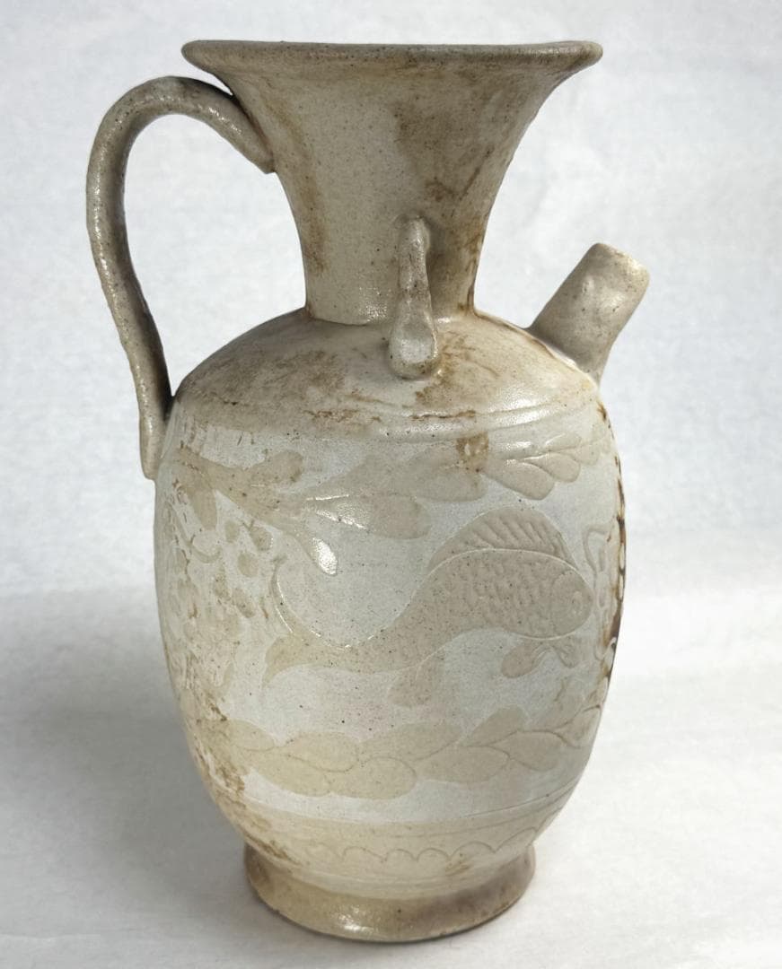 宋時代 磁州窯 刻花魚藻文執壷 水注 中国古玩 唐物歴史有る年代物WWTT257