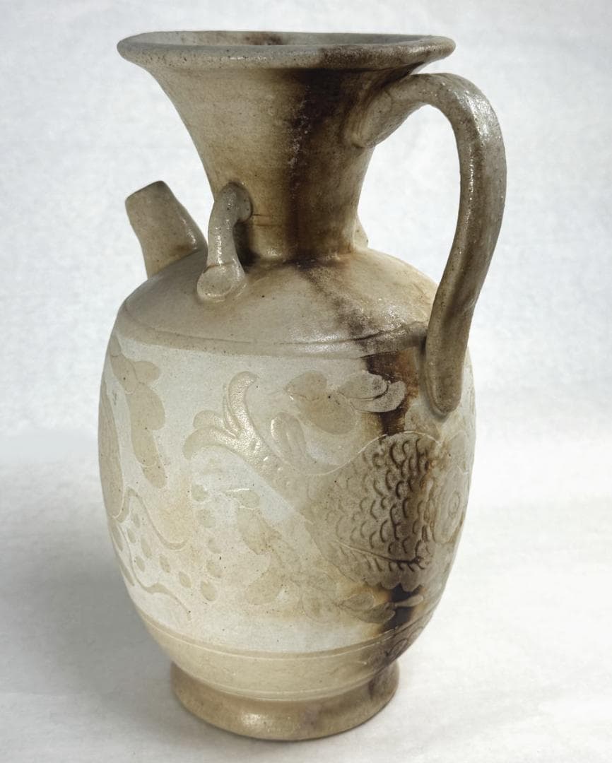 宋時代 磁州窯 刻花魚藻文執壷 水注 中国古玩 唐物歴史有る年代物WWTT257