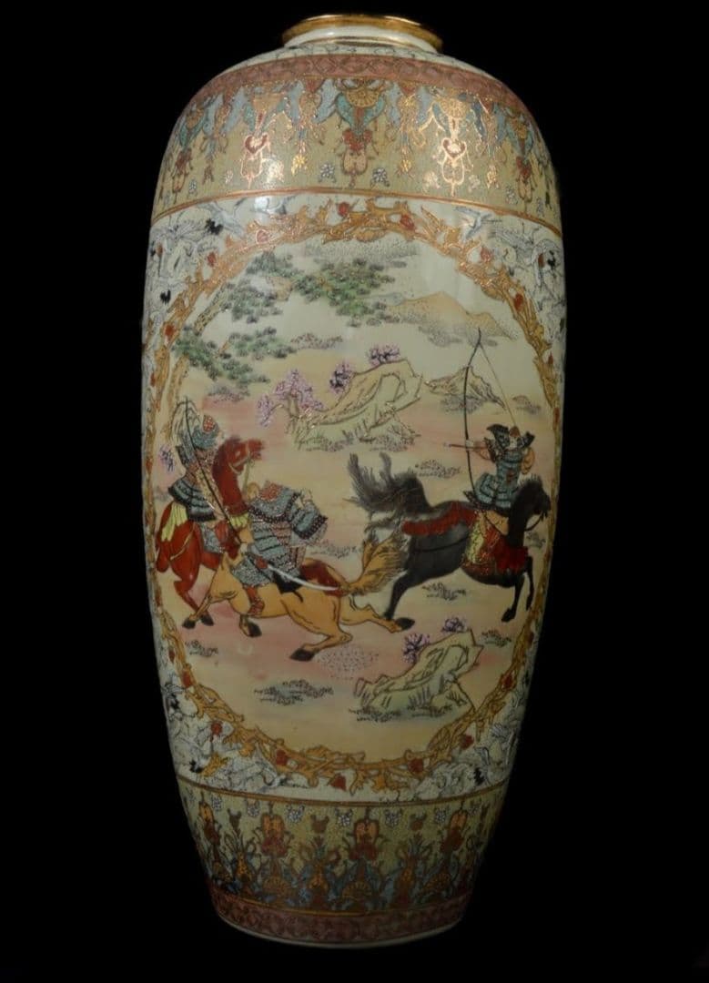 【大型82cm 美品】薩摩豪華絢爛 金襴手武士細密絵付 特大花瓶 飾り壷 大壺