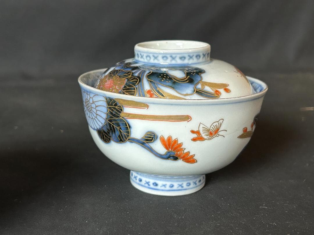 古伊万里 染錦 金彩 花蝶図 蓋向付 飯茶碗 5客 江戸後期 70