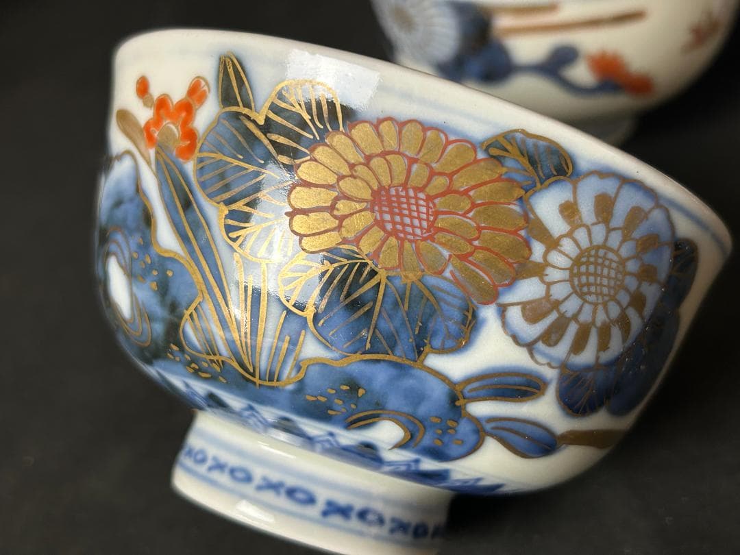 古伊万里 染錦 金彩 花蝶図 蓋向付 飯茶碗 5客 江戸後期 70