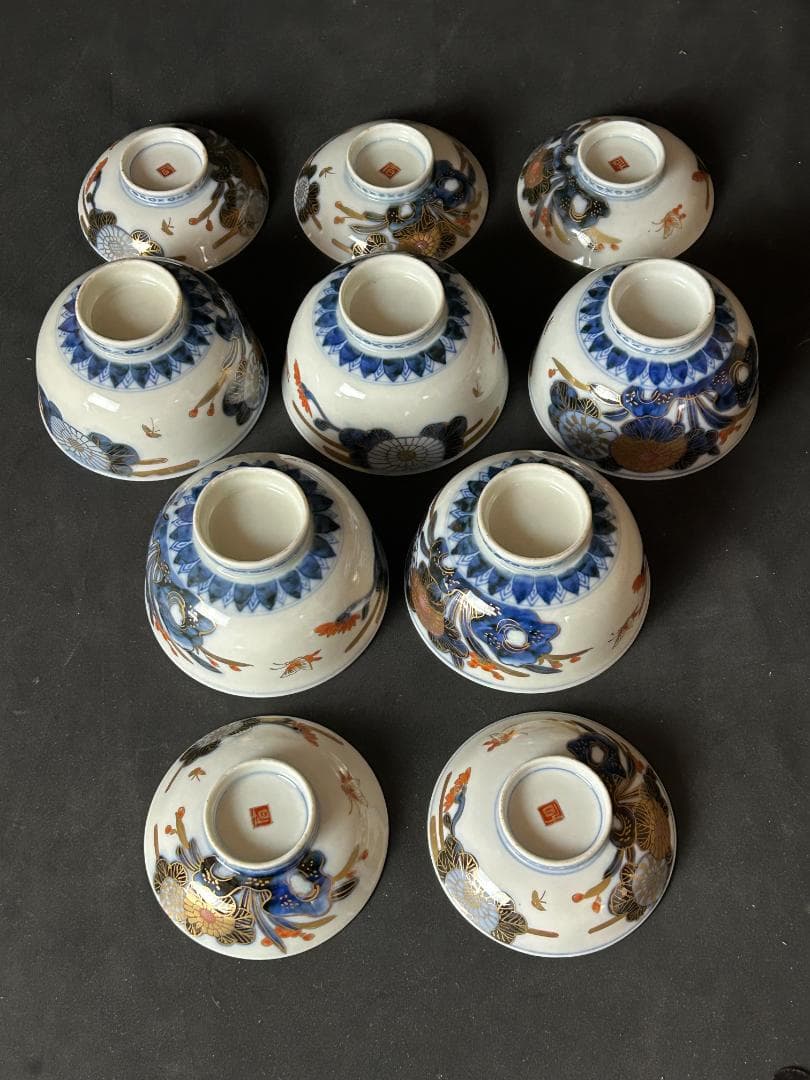 古伊万里 染錦 金彩 花蝶図 蓋向付 飯茶碗 5客 江戸後期 70