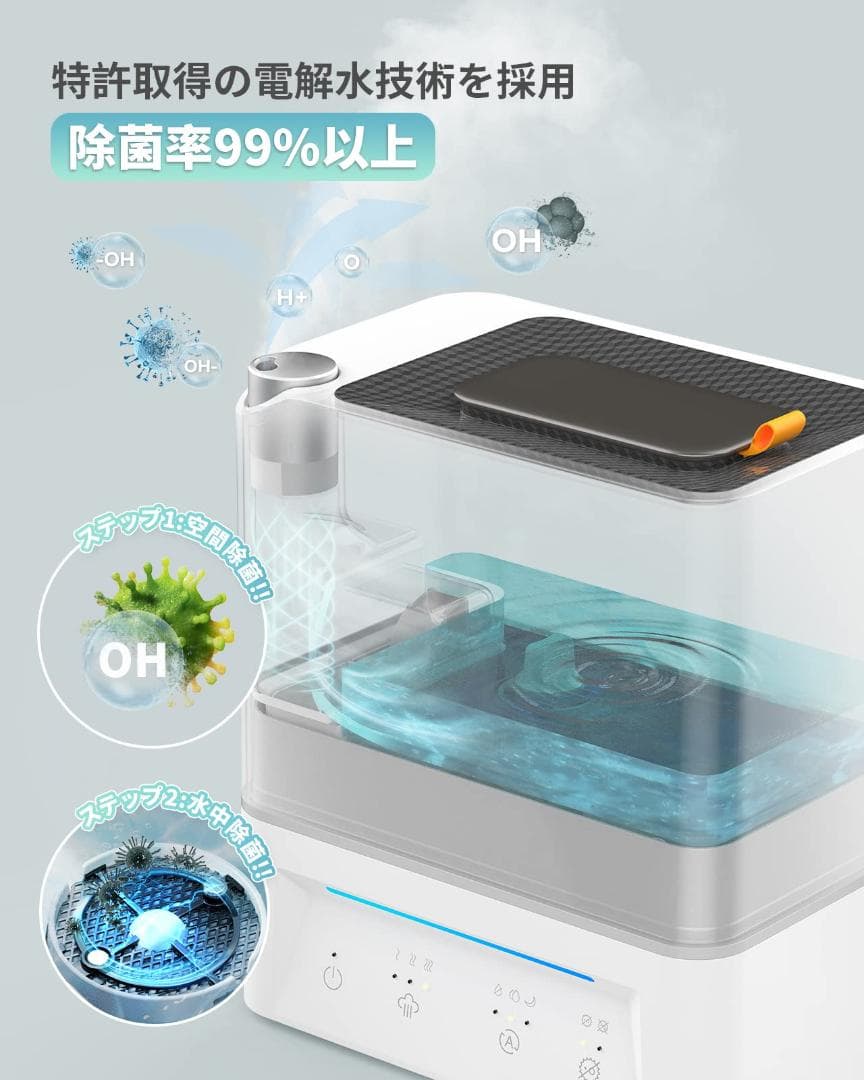 94★加湿器卓上除菌加湿器第二代電解水除菌超音波加湿器大容量4L二つ除菌モード