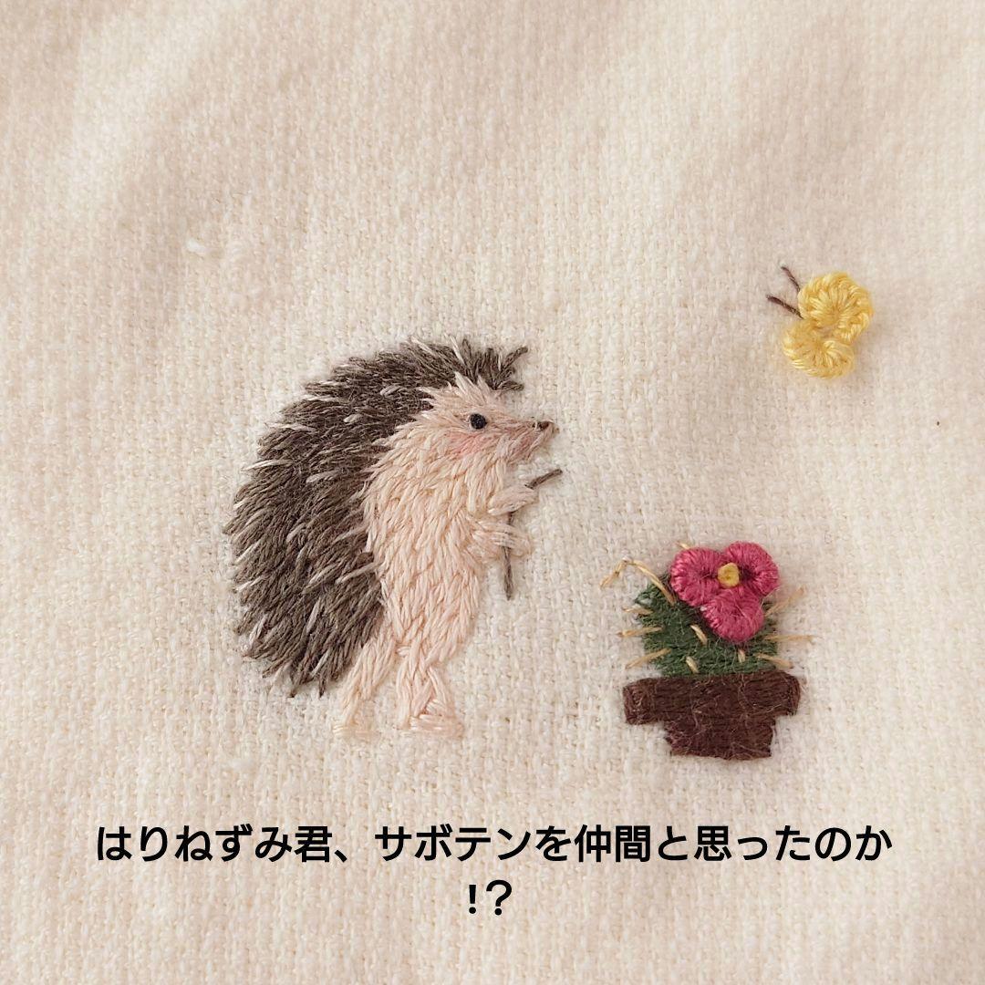 手刺繍入ちっちゃな タオルハンカチ【はりねずみ君とサボテン】