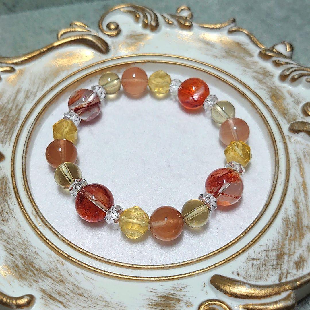 天然石ブレス　金魚水晶、ラビットトヘアールチルクォーツ、オレンジカラーのブレス