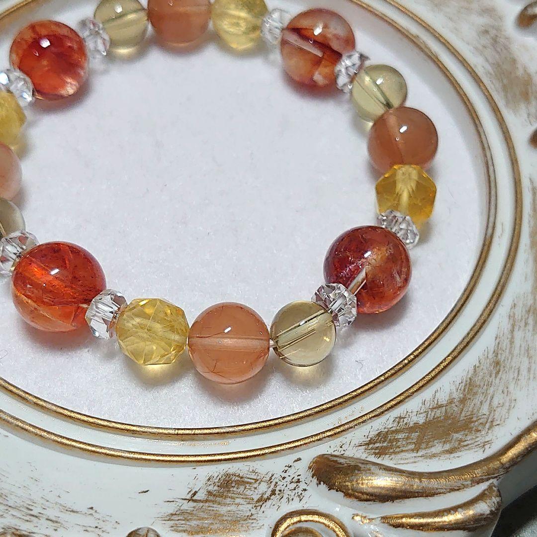 天然石ブレス　金魚水晶、ラビットトヘアールチルクォーツ、オレンジカラーのブレス