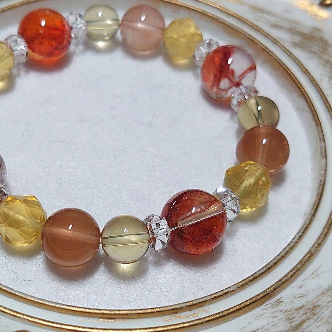 天然石ブレス　金魚水晶、ラビットトヘアールチルクォーツ、オレンジカラーのブレス