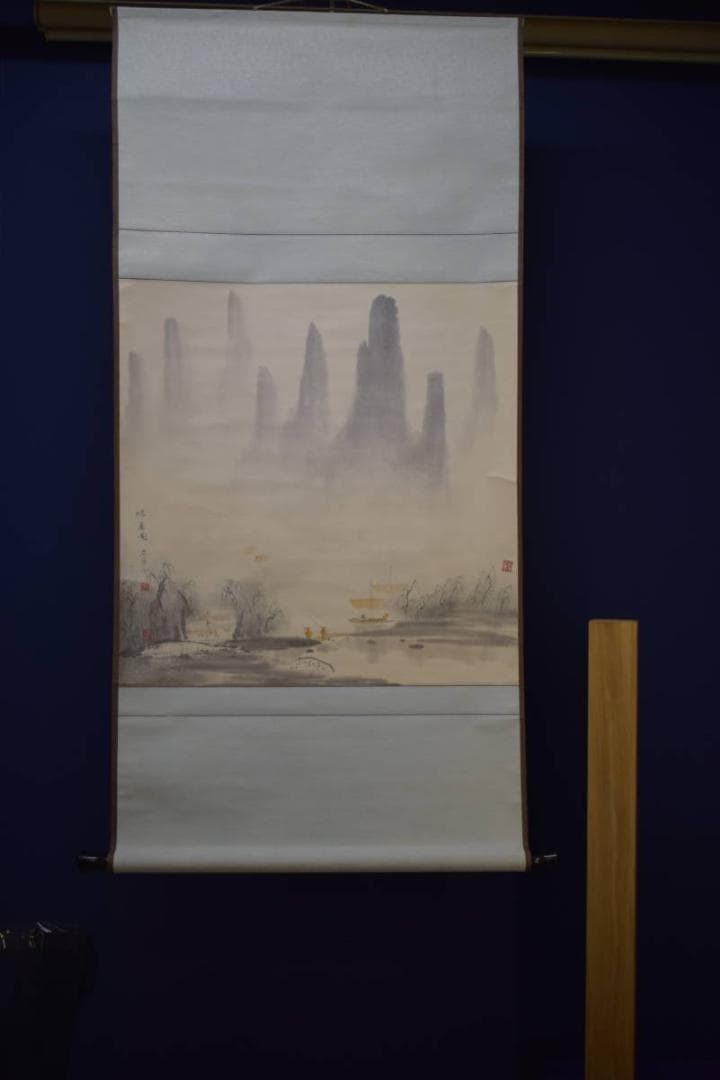 複製/梁軍/暖春図/山水/帆舟/人物図/横物/工芸/大幅/布袋屋掛軸HI-857