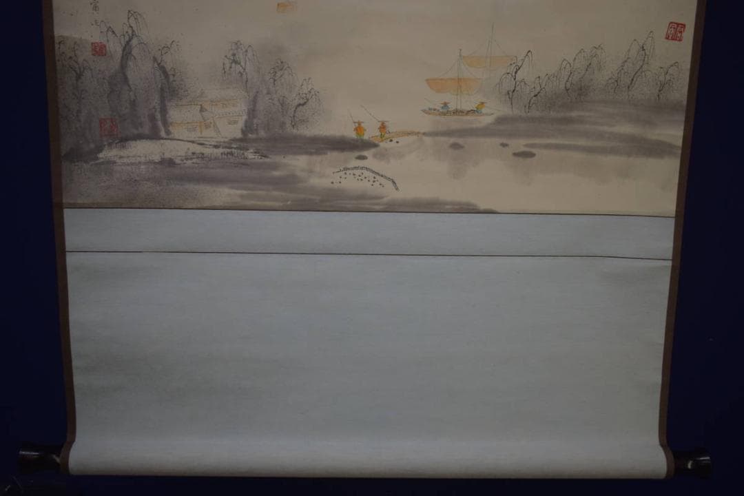 複製/梁軍/暖春図/山水/帆舟/人物図/横物/工芸/大幅/布袋屋掛軸HI-857