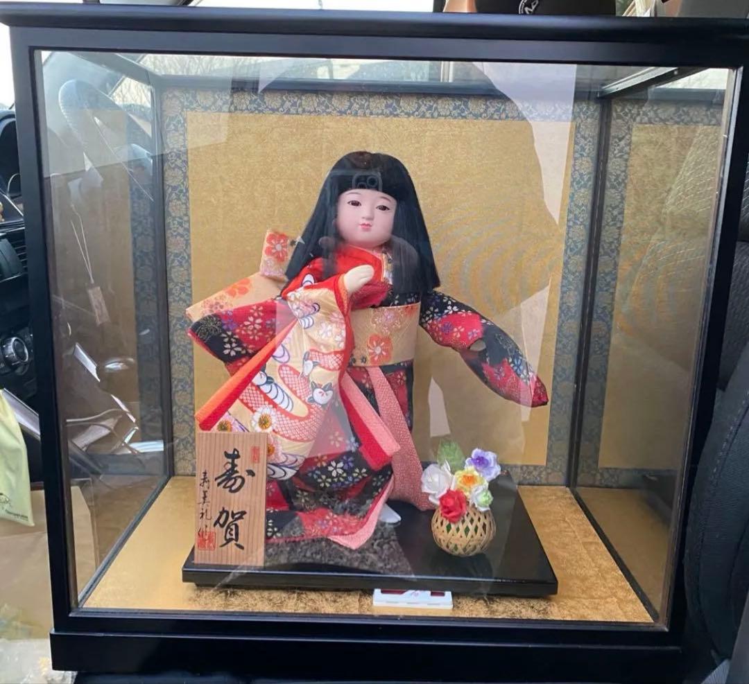 寿美礼作 日本人形 寿賀 ガラスケース入り 着物人形 伝統工芸品 ガラスケース付