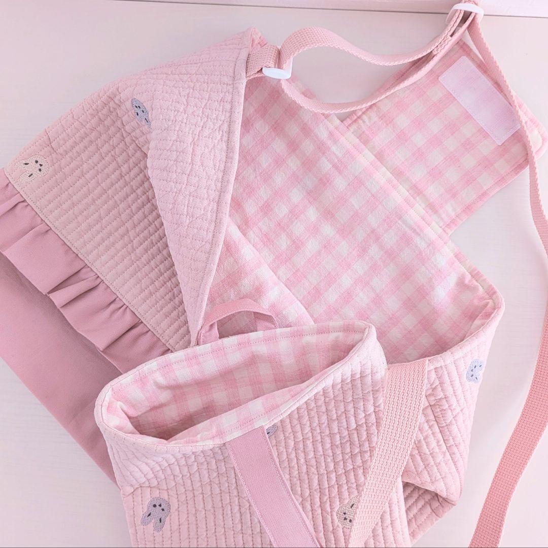 ハンドメイド　入園入学セット　うさぎ刺繍ヌビ　レッスンバック　上履き袋