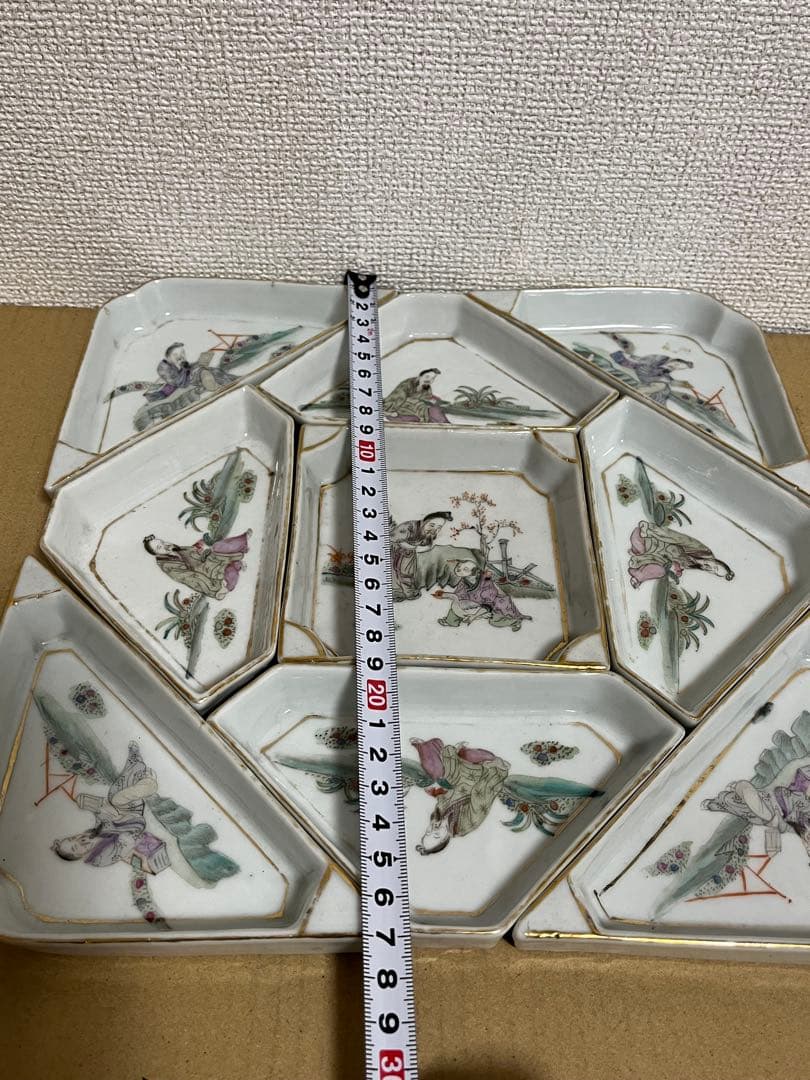 中国美術　清時代菱形皿金彩 粉彩 小皿 菓子皿 食器9点セット時代物