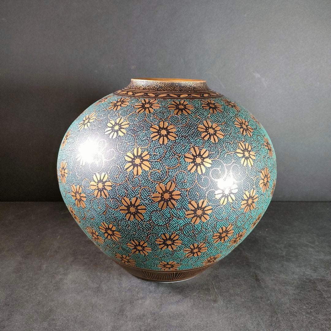 C7-4/九谷洋山/陶仙造/青粒唐草模様金彩花瓶/花入/花生/花器/華道具