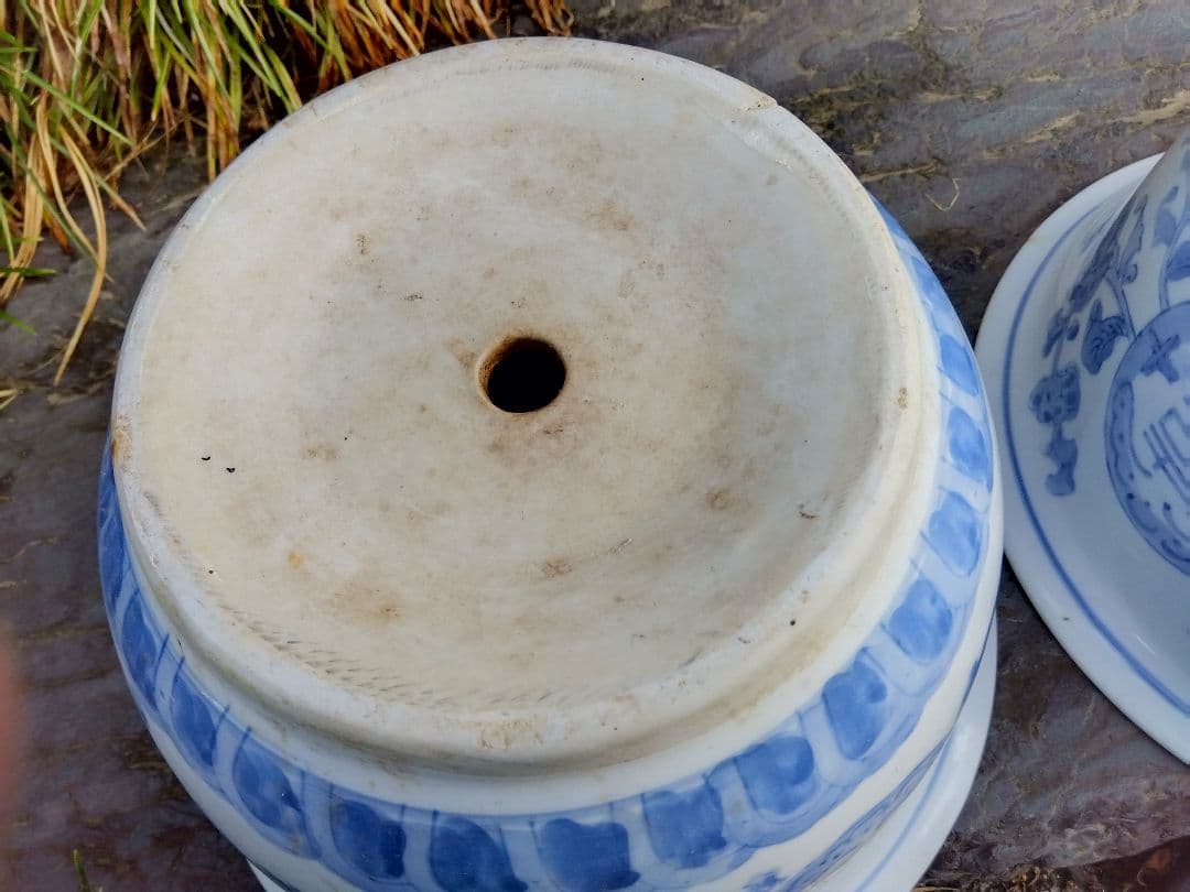 アンティーク　青い柄の植木鉢　2個セット