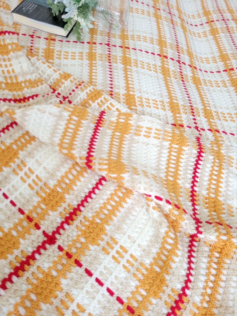 まるで織物！チェック柄のマルチカバー ソファーカバー ベットカバー 手編み