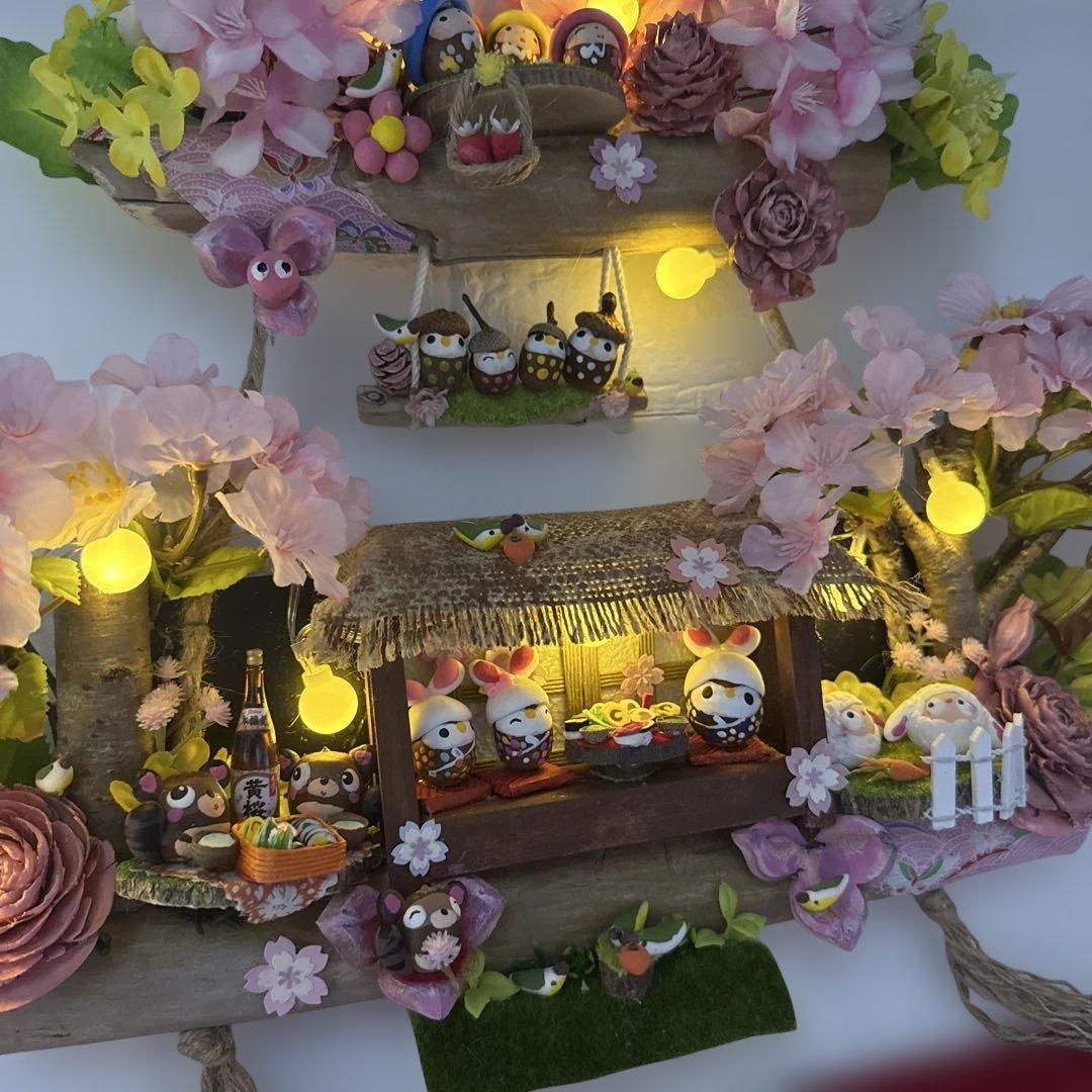 どんぐりアート♡桜満開トライアングルリース　メジロちゃん乗せ♡