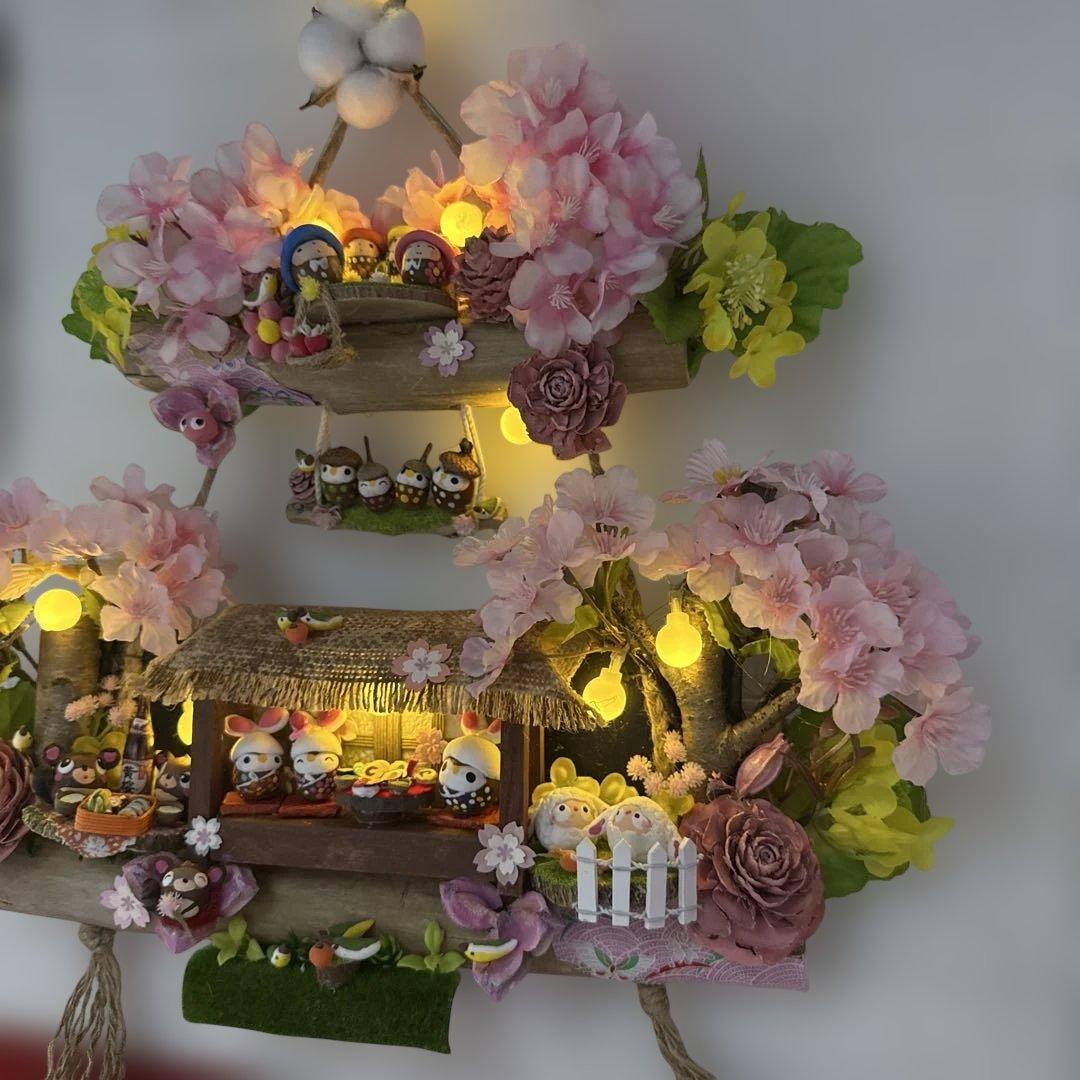 どんぐりアート♡桜満開トライアングルリース　メジロちゃん乗せ♡