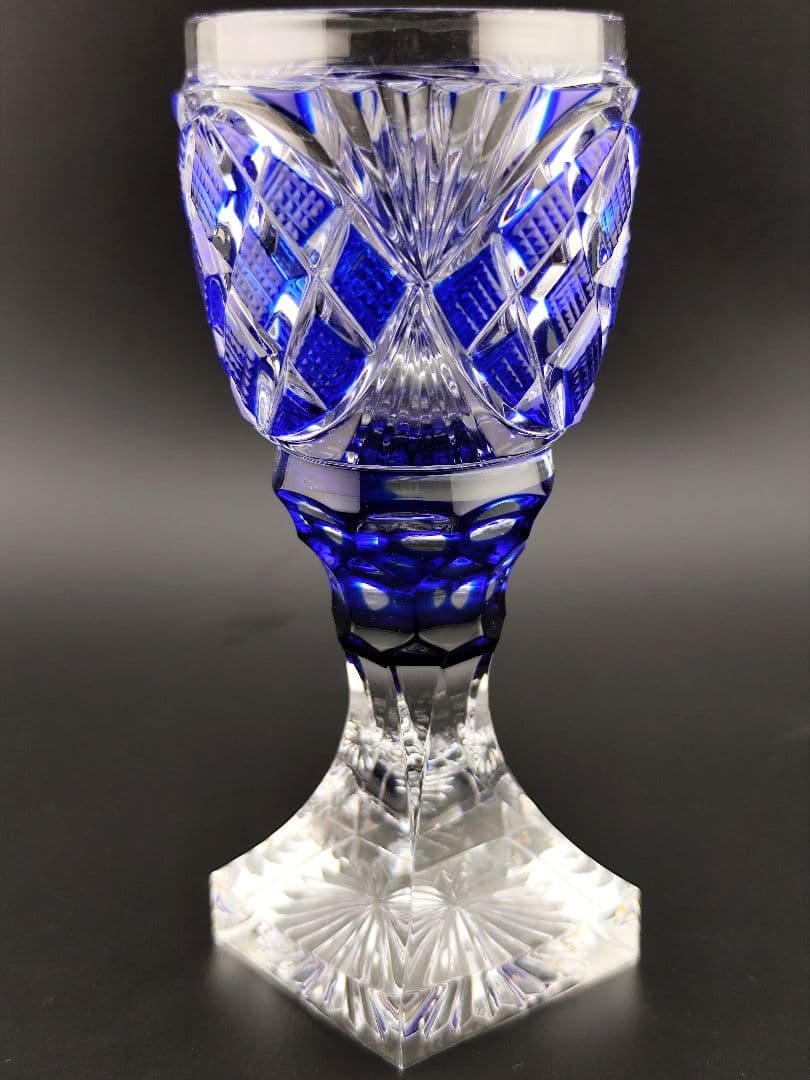 美品☆薩摩切子 脚付杯 瑠璃（切子、江戸切子、薩摩切子）