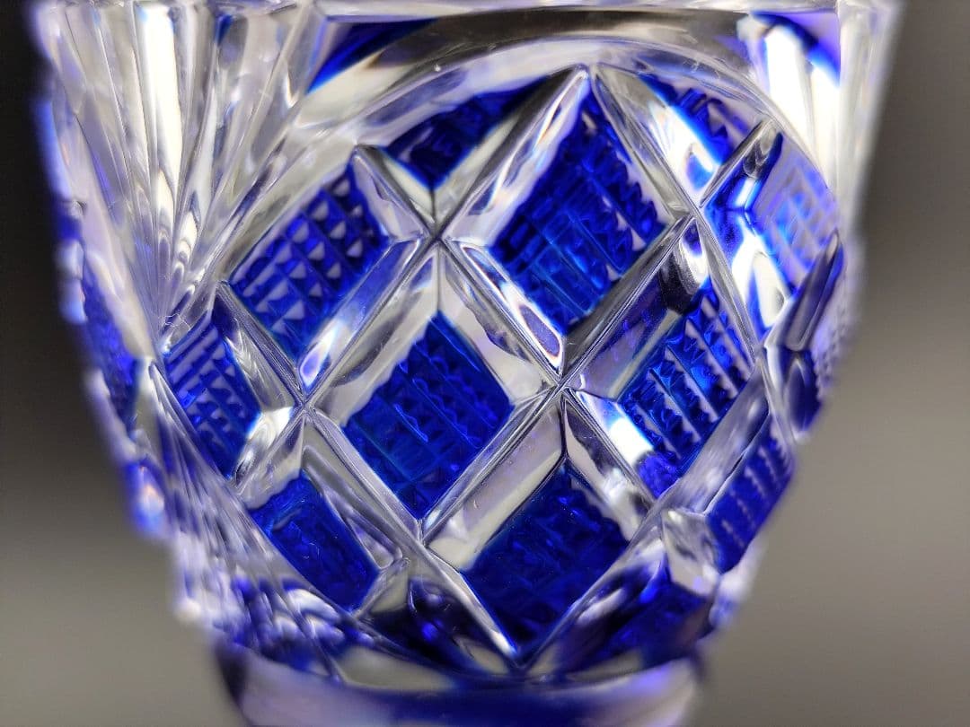 美品☆薩摩切子 脚付杯 瑠璃（切子、江戸切子、薩摩切子）