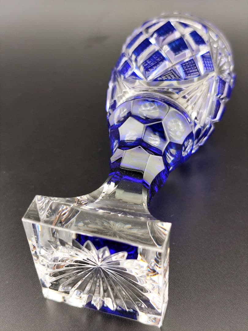 美品☆薩摩切子 脚付杯 瑠璃（切子、江戸切子、薩摩切子）