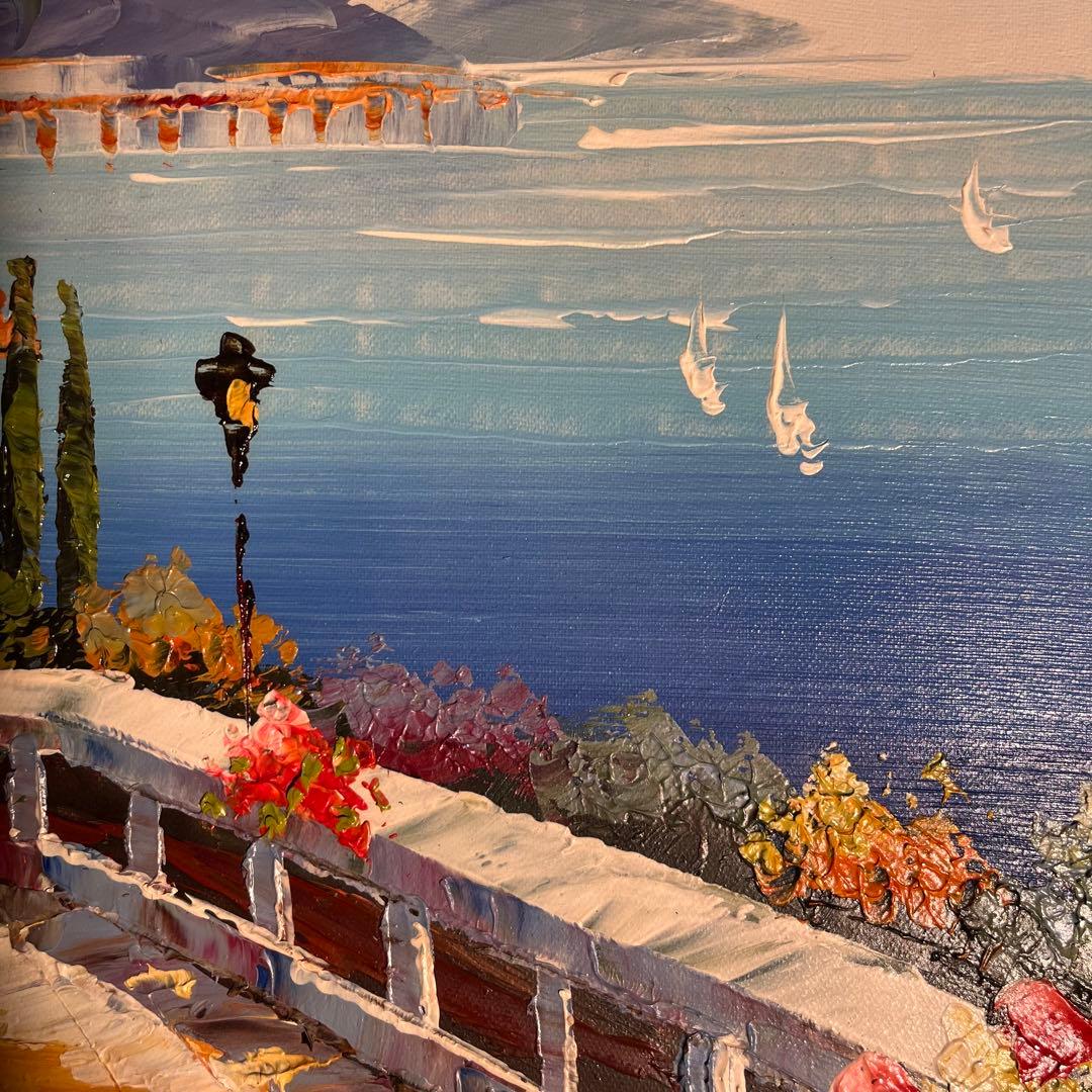 手書き油絵 地中海の風景 額付き  絵画 インテリア 油彩画