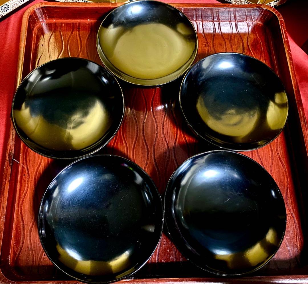 輪島塗 明治・大正期 天然木 菓子椀 流水に花と蝶 黒塗 蓋付 お椀 5客