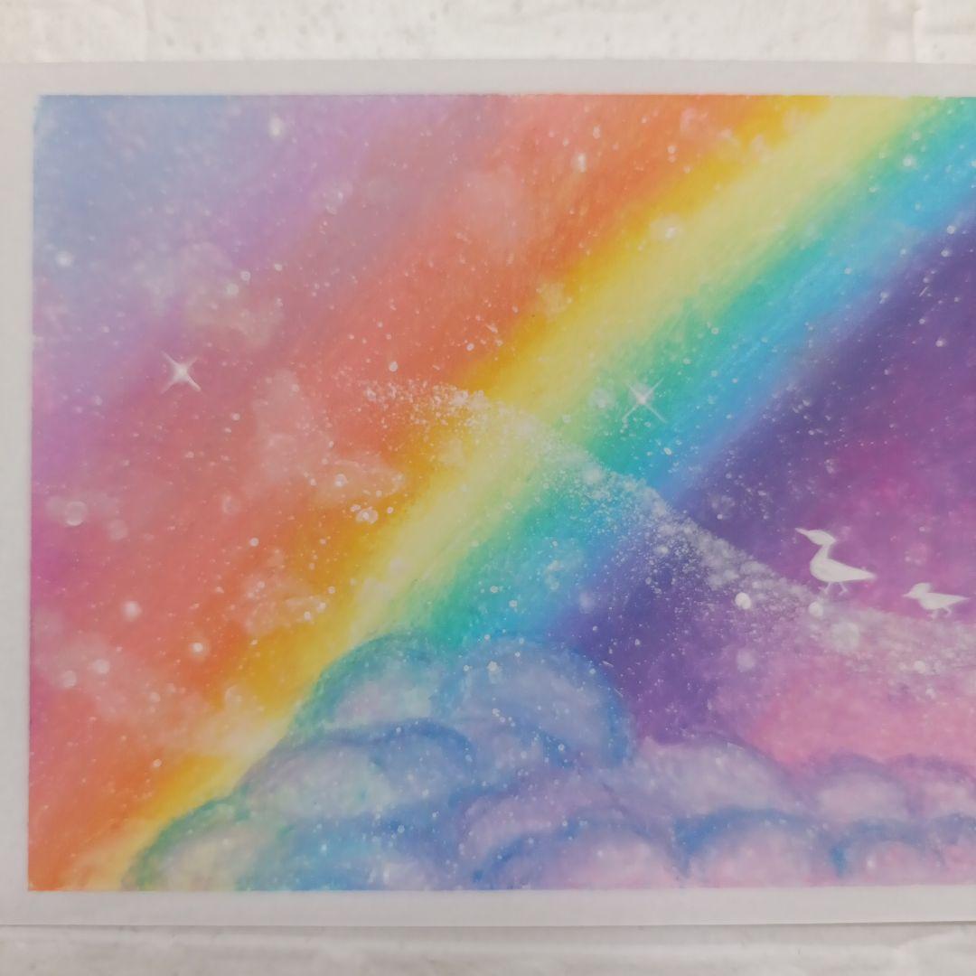 カルガモ親子と虹　風景画　オイルパステル画　原画 ハガキサイズ 絵画 #133