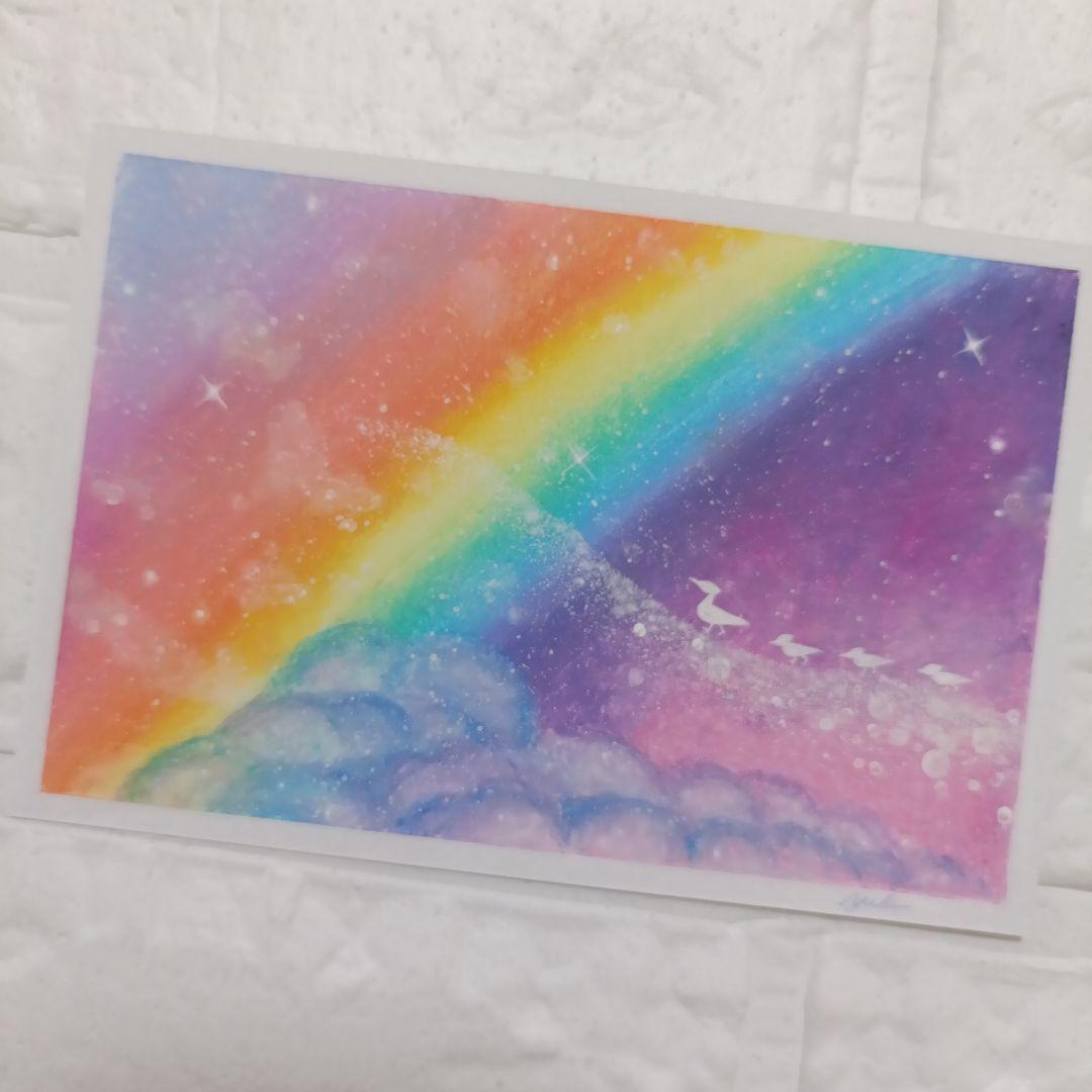 カルガモ親子と虹　風景画　オイルパステル画　原画 ハガキサイズ 絵画 #133