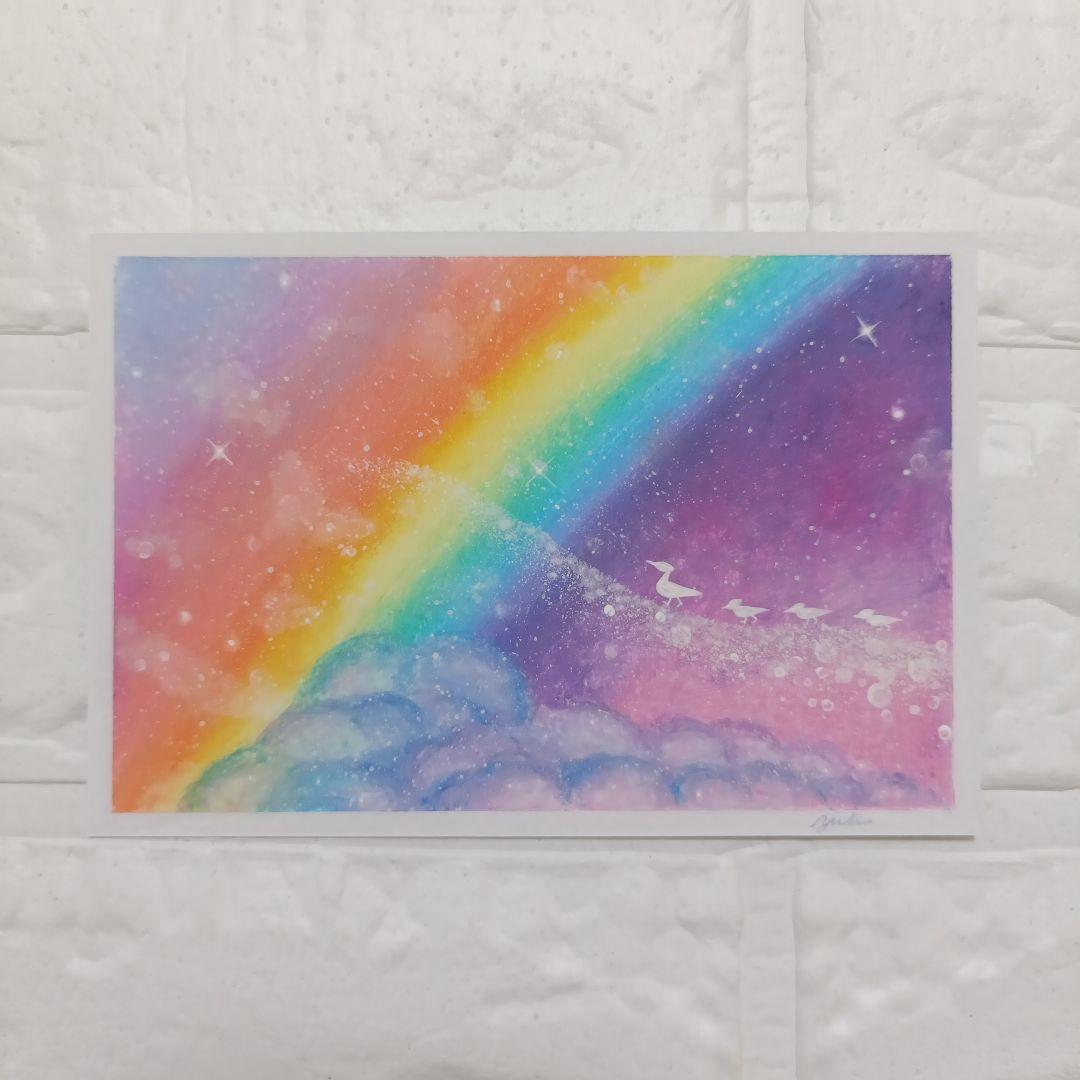 カルガモ親子と虹　風景画　オイルパステル画　原画 ハガキサイズ 絵画 #133