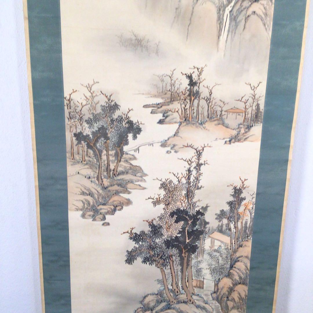 No3385 掛軸　松本石渓　秋景山水画賛　着色絹本　中国美術　古画　送料無料