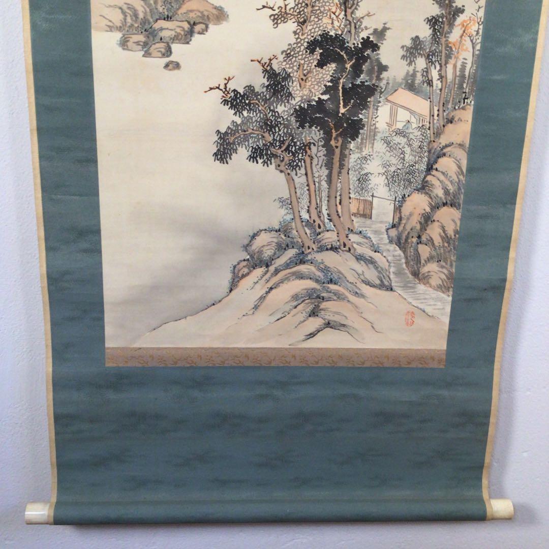 No3385 掛軸　松本石渓　秋景山水画賛　着色絹本　中国美術　古画　送料無料