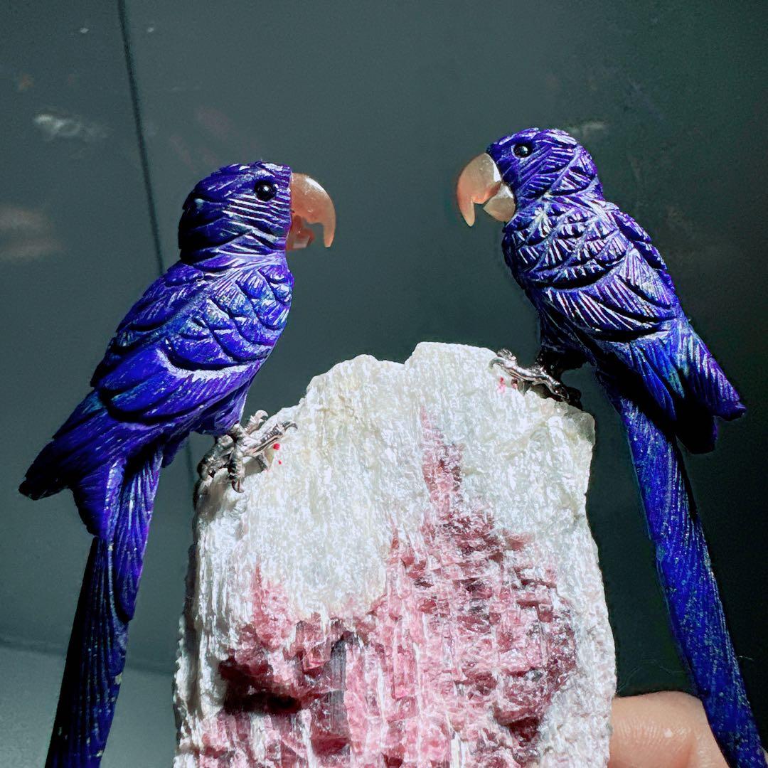 天然ラピスラズリ彫刻2羽ウォーターメロントルマリン原石NO251106