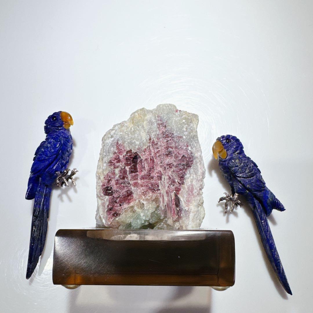 天然ラピスラズリ彫刻2羽ウォーターメロントルマリン原石NO251106