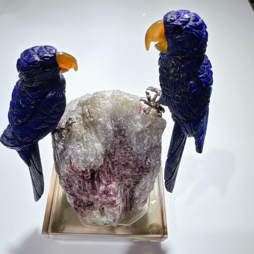 天然ラピスラズリ彫刻2羽ウォーターメロントルマリン原石NO251106