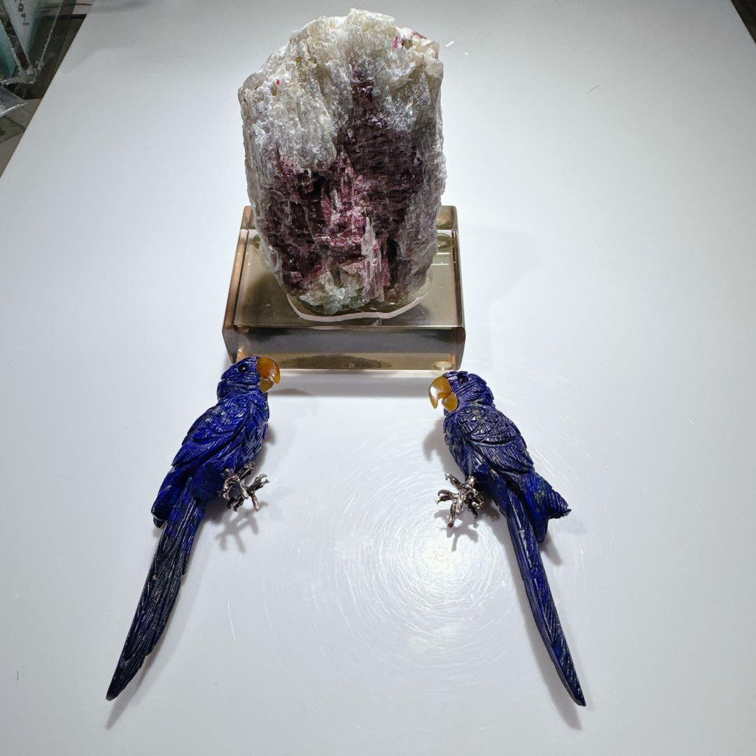 天然ラピスラズリ彫刻2羽ウォーターメロントルマリン原石NO251106