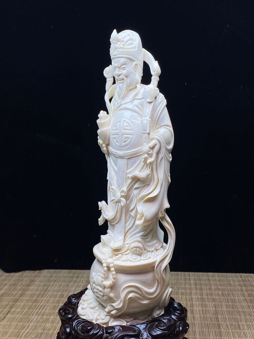 天然マンモス牙美しい手作り彫刻財神爺·招財進宝置物