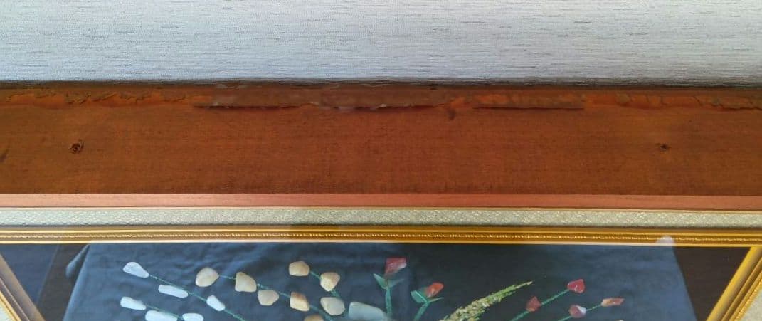 昭和レトロ 大判額装品(74x66cm) 貴石画 花瓶の花 【宝虎・刻印付き】