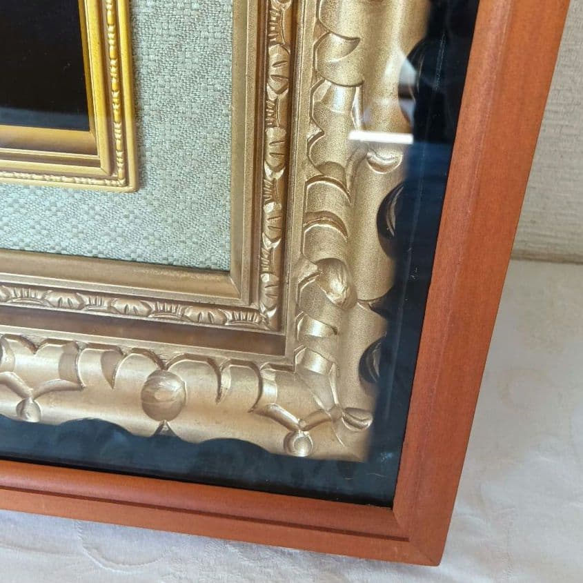 昭和レトロ 大判額装品(74x66cm) 貴石画 花瓶の花 【宝虎・刻印付き】