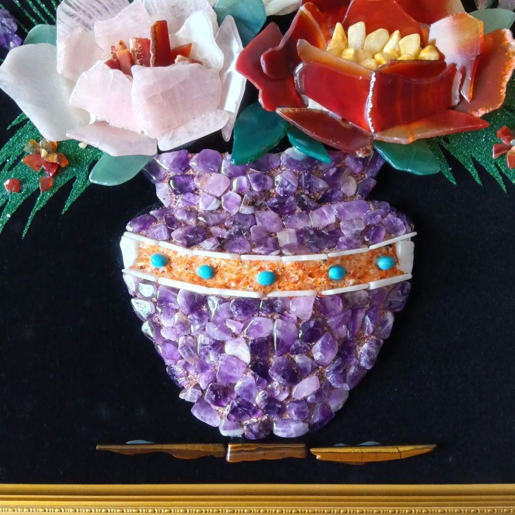 昭和レトロ 大判額装品(74x66cm) 貴石画 花瓶の花 【宝虎・刻印付き】